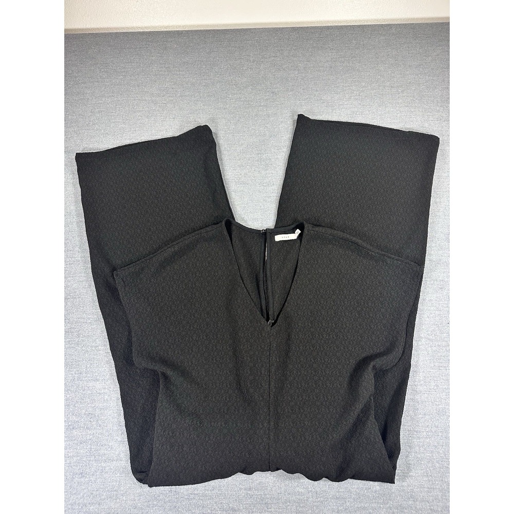 LUSH Womens M Black Wide Leg Cropped Jumpsuit V Neck Tie Waist Textured